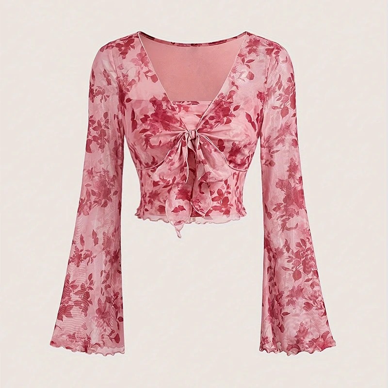 Summer Women's Y2K Floral V-Neck Mesh Top – Lace-Up Flare Sleeve Beach Party Shirt - Image 6