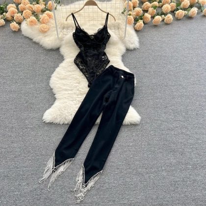 Women Lace Suspender Vest Two Piece Set High Waist Tassel Trousers