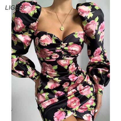 Floral Vintage Off Shoulder Bodycon Dress Puff Sleeve Party Mini