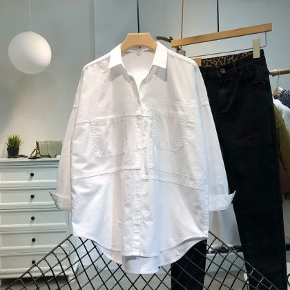 Oversized Cotton Button-Up Shirt for Women – Korean Style Pocket Blouse