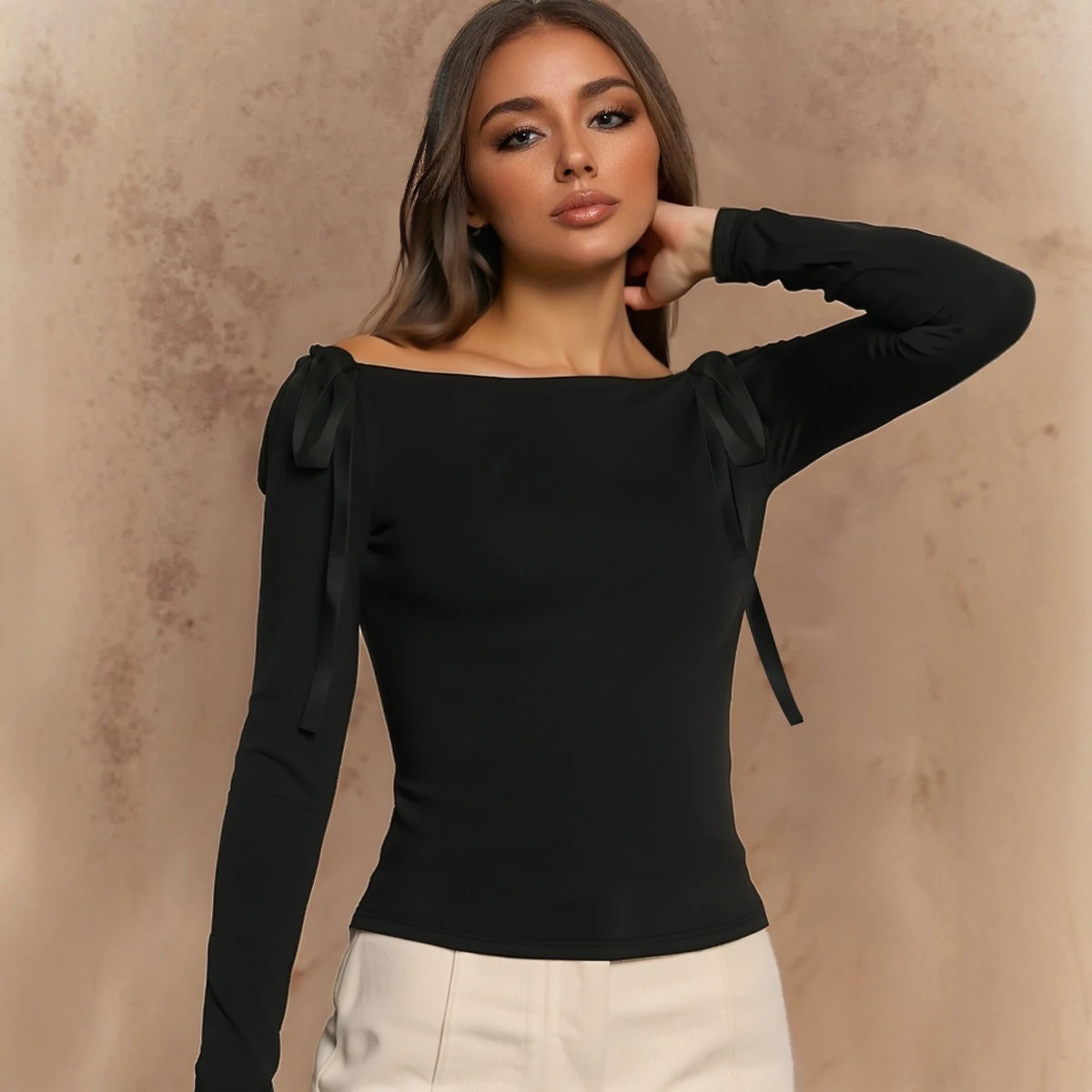 Women’s Off-Shoulder Long Sleeve T-Shirt – Elegant Solid Color Casual Top for All-Season Fashion - Image 4