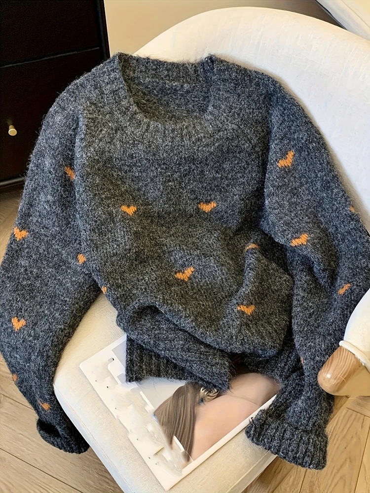 Women’s Heart Pattern Knit Sweater – Long Sleeve Round Neck Autumn Winter Pullover Top - Image 2