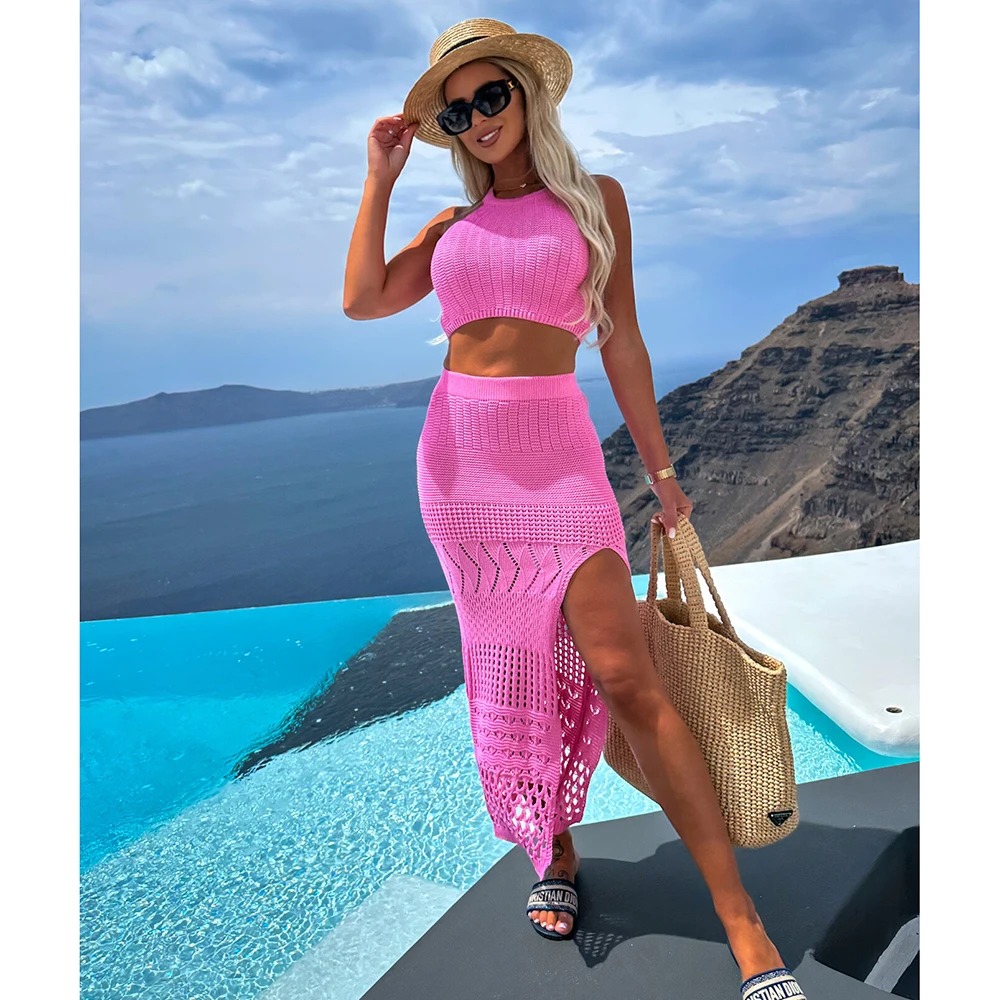 2024 Knitted Mesh Beach Cover-Up Set | Sexy See-Through Camisole Top & Long Skirt Hollow-Out Two-Piece Dress - Image 3