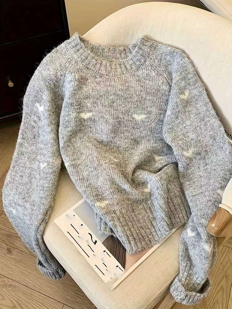 Women’s Heart Pattern Knit Sweater – Long Sleeve Round Neck Autumn Winter Pullover Top