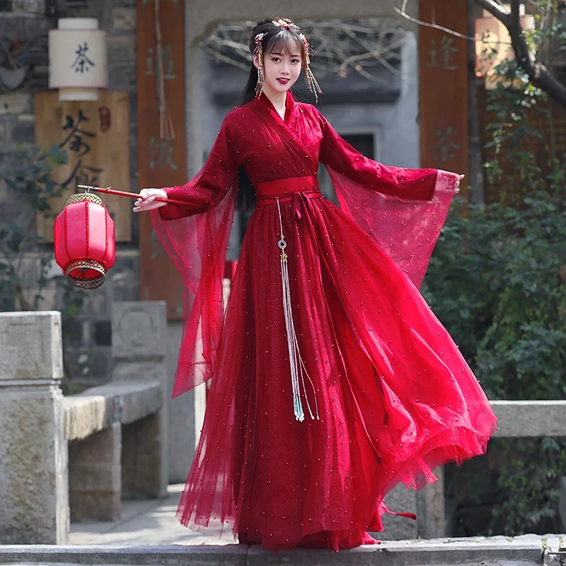 Red Sequin Hanfu Fairy Dress Two Layer Chinese Dance Gown - Image 2