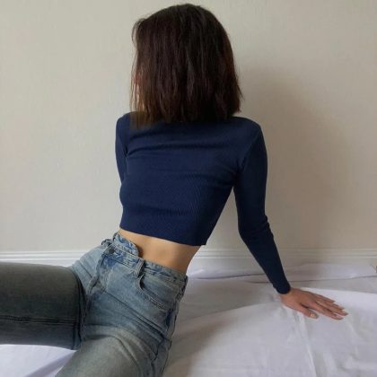 Women’s Nude Turtleneck Long Sleeve Crop Top – Solid Slim Fit Basic Tee for Autumn Casual Fashion