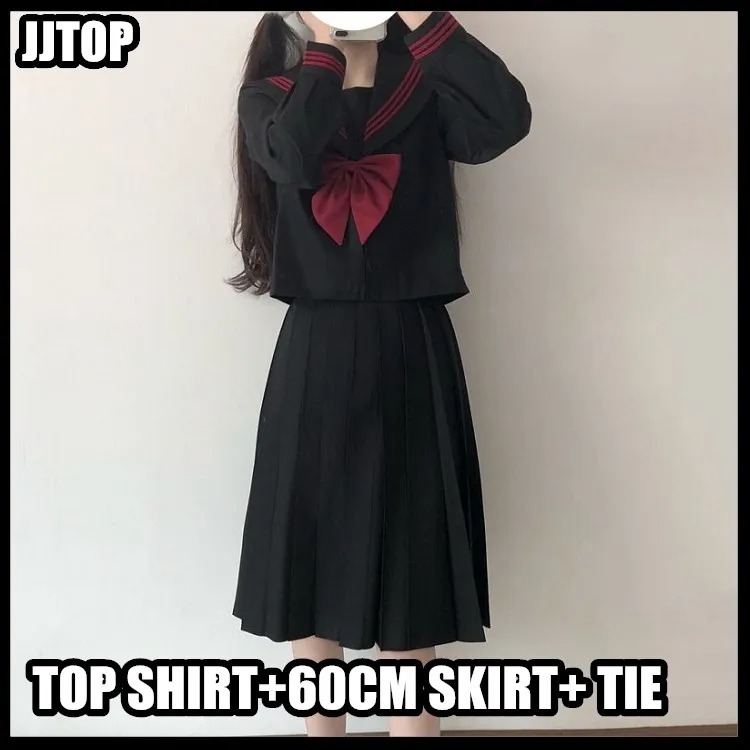 High Quality Black Japanese JK Sailor School Uniform Pleated Long Skirt Set - Image 3