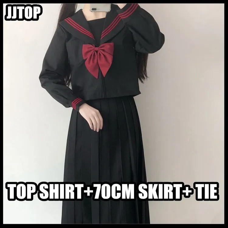 High Quality Black Japanese JK Sailor School Uniform Pleated Long Skirt Set