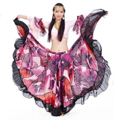 Gypsy Belly Dancing Outfit Big Flower Print Top Skirt Set Colorful Dress