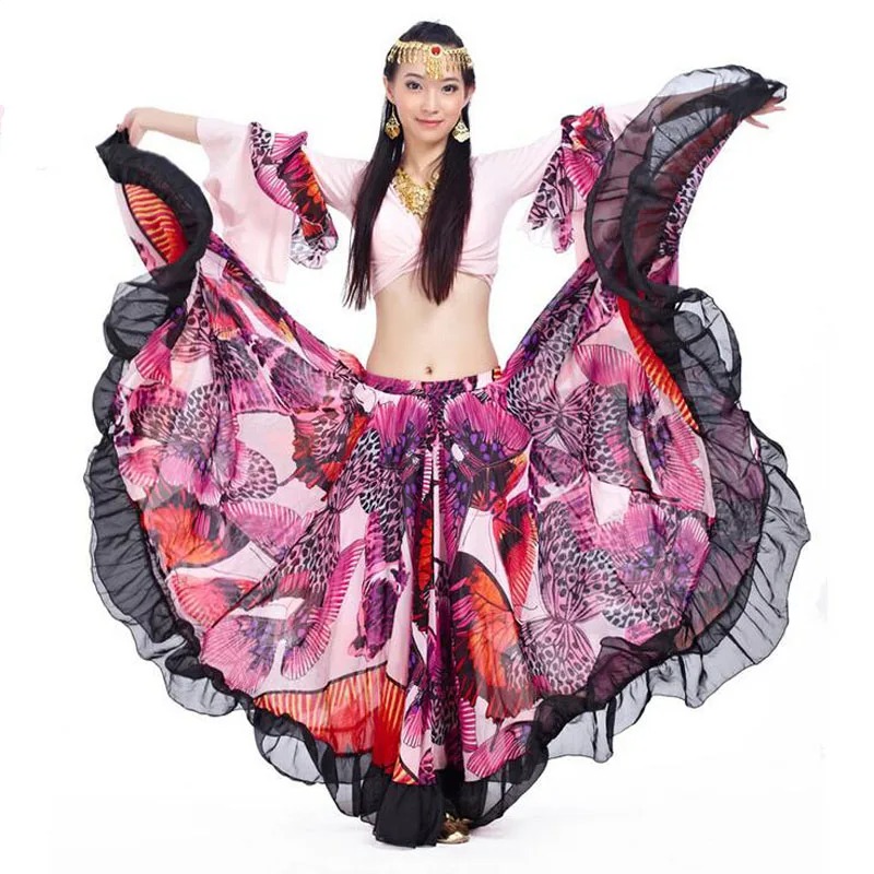 Gypsy Belly Dancing Outfit Big Flower Print Top Skirt Set Colorful Dress