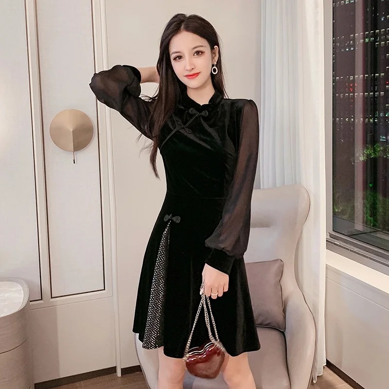 Black Qipao Elegant Chinese Dress Short Japanese Style Cheongsam Oriental Ao Dai Dress FF2790 - Image 3