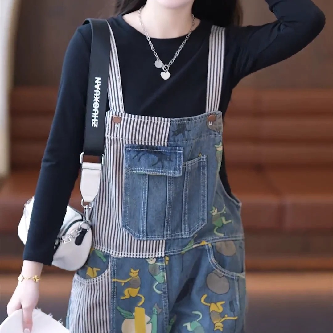 Women’s Cartoon Print Vintage Jumpsuit – Striped Patchwork Multi-Pocket Overalls - Image 5