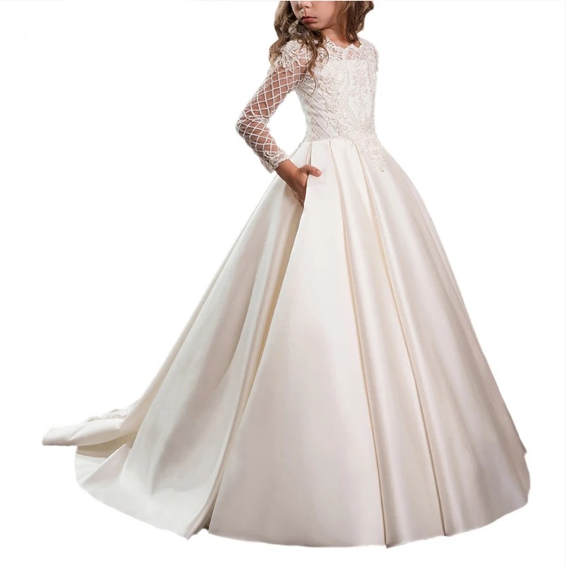 Long Sleeve Children Wedding Dress | Satin Lace Princess First Holy Communion Party Dress for Girls 3–12 Years - Image 6
