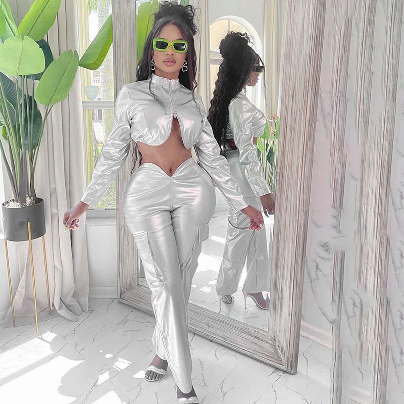 Y2K Women Two Piece Shiny Silver PU Leather Zipper Cropped Jacket Straight Pants Set - Image 5