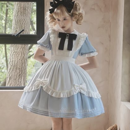 Sweet Lolita Wonderland Maid Dress Bow Lace Kawaii Two Piece Set