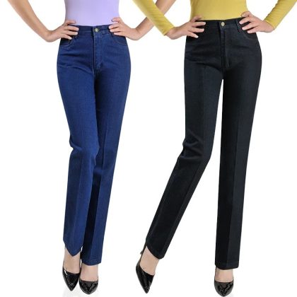 2025 Women High Waist Stretch Jeans Plus Size Straight Denim Pants Middle Aged Mother Casual Trousers