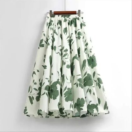 Women Elegant Floral A-Line Skirt Elastic Waist Summer Casual All-Match Fashion Skirt