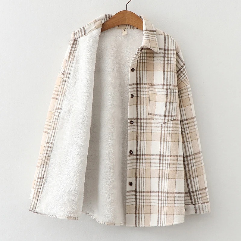 Woman Blous Shirt Women Velvet Plaid Blouses Thicken Jacket Winter Women Vintage Jacket Loose Button Up Top Autumn Warm Shirt