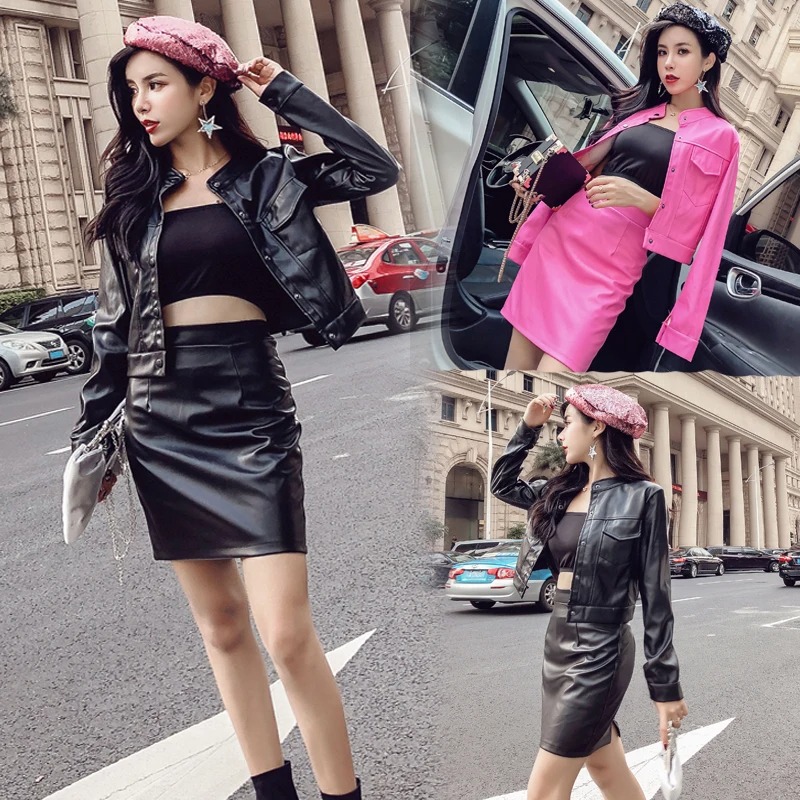 2 Pieces Women Leather Set Sexy Slim Jacket Skirt Long Sleeve Button Coat High Waist Streetwear Outfit - Image 5