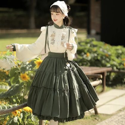 Chinese Lolita Dress Set Elegant Vintage Ruffle Skirt with White Blouse Autumn Winter Outfit