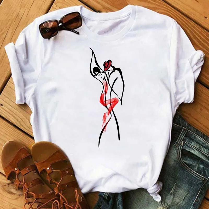 Harajuku Line Art Women T-Shirt Cartoon Graphic White Casual Funny Tee - Image 6