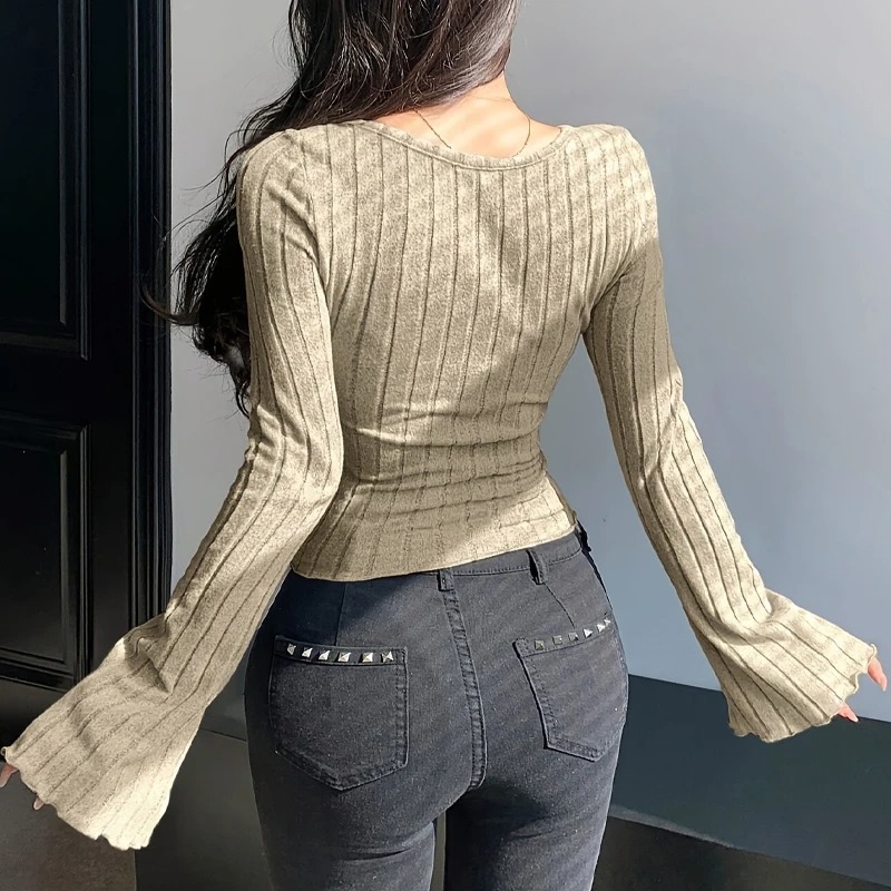 Autumn Winter Women’s Ribbed Square Neck Long Sleeve Knitted Top – Slim Fit Cross Strap Solid Casual Streetwear Tee - Image 6