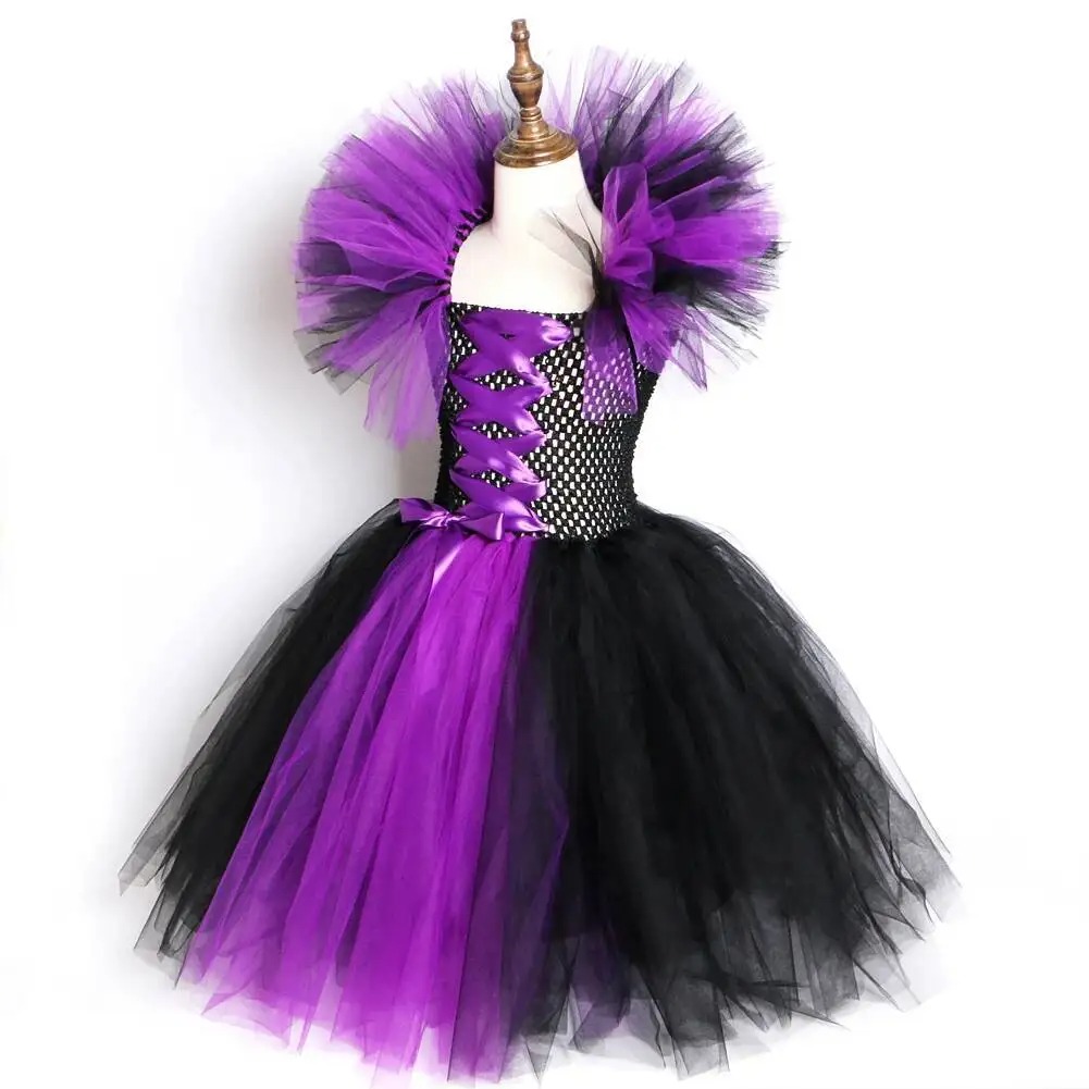 Horns Wings Costume Girls Princess Tutu Dress Devil Halloween Evil Queen Kids Cosplay Outfit