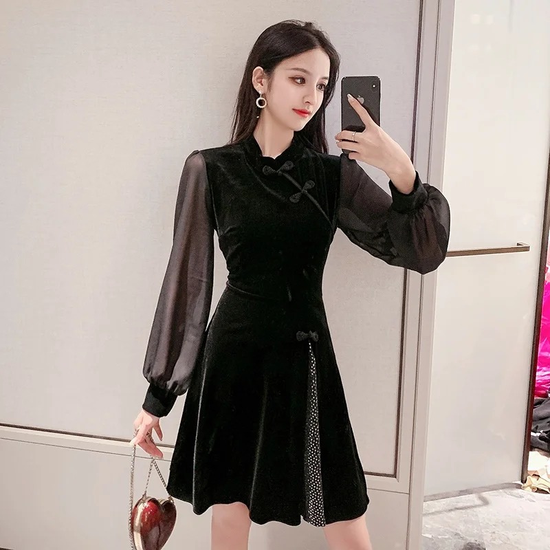 Black Qipao Elegant Chinese Dress Short Japanese Style Cheongsam Oriental Ao Dai Dress FF2790 - Image 4