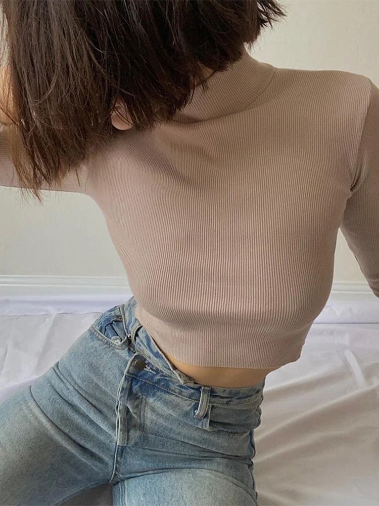 Women’s Nude Turtleneck Long Sleeve Crop Top – Solid Slim Fit Basic Tee for Autumn Casual Fashion - Image 6
