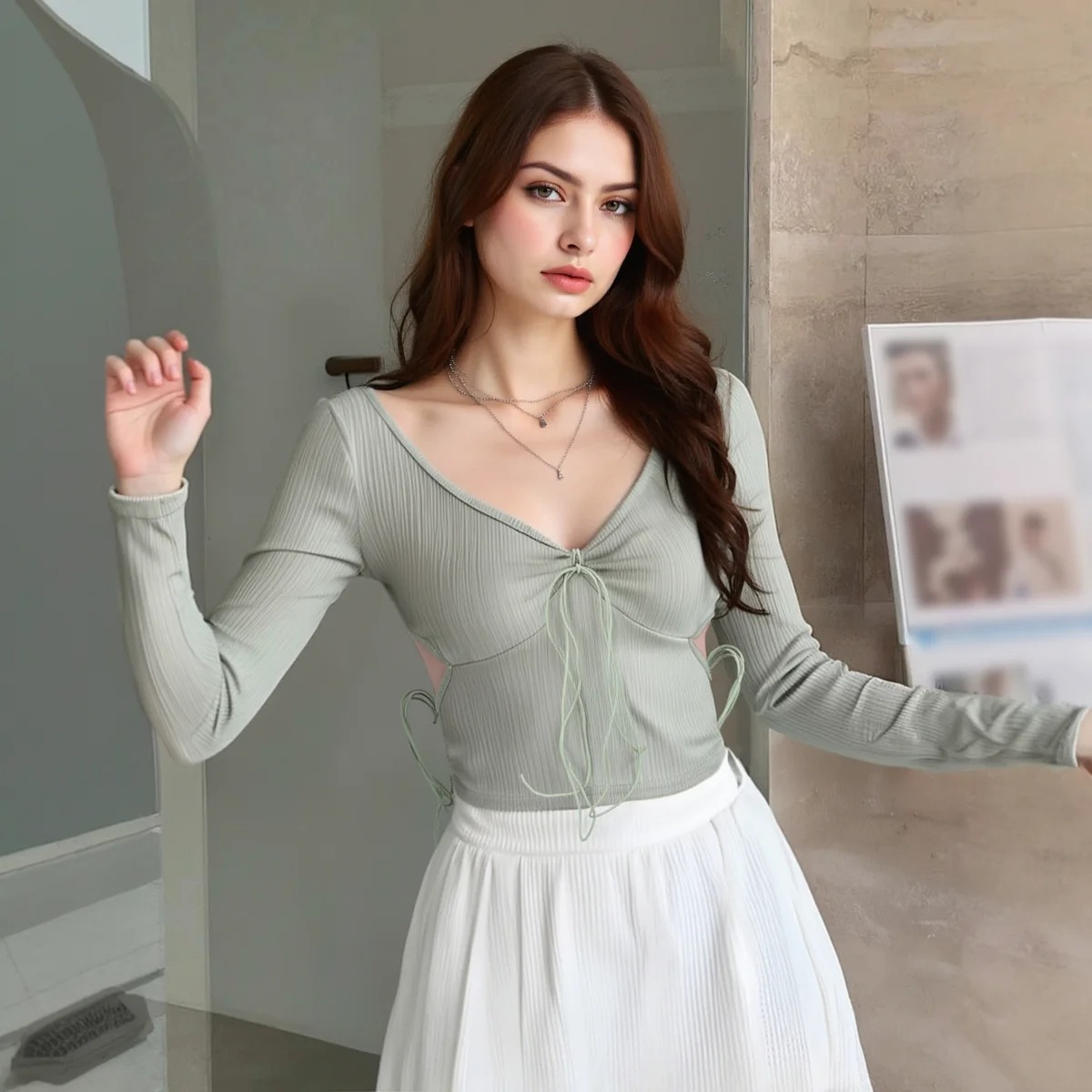 Fashion Youth Women's Summer Blouse – K-Style Knotted V-Neck Long Sleeve Cropped Top - Image 6