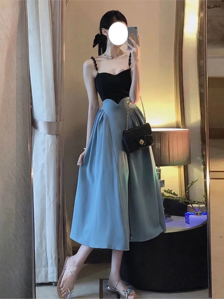 2023 Summer Women’s A-Line Dress | Beaded Strap Slim Contrast Color Mid-Calf Elegant OL Dress - Image 6