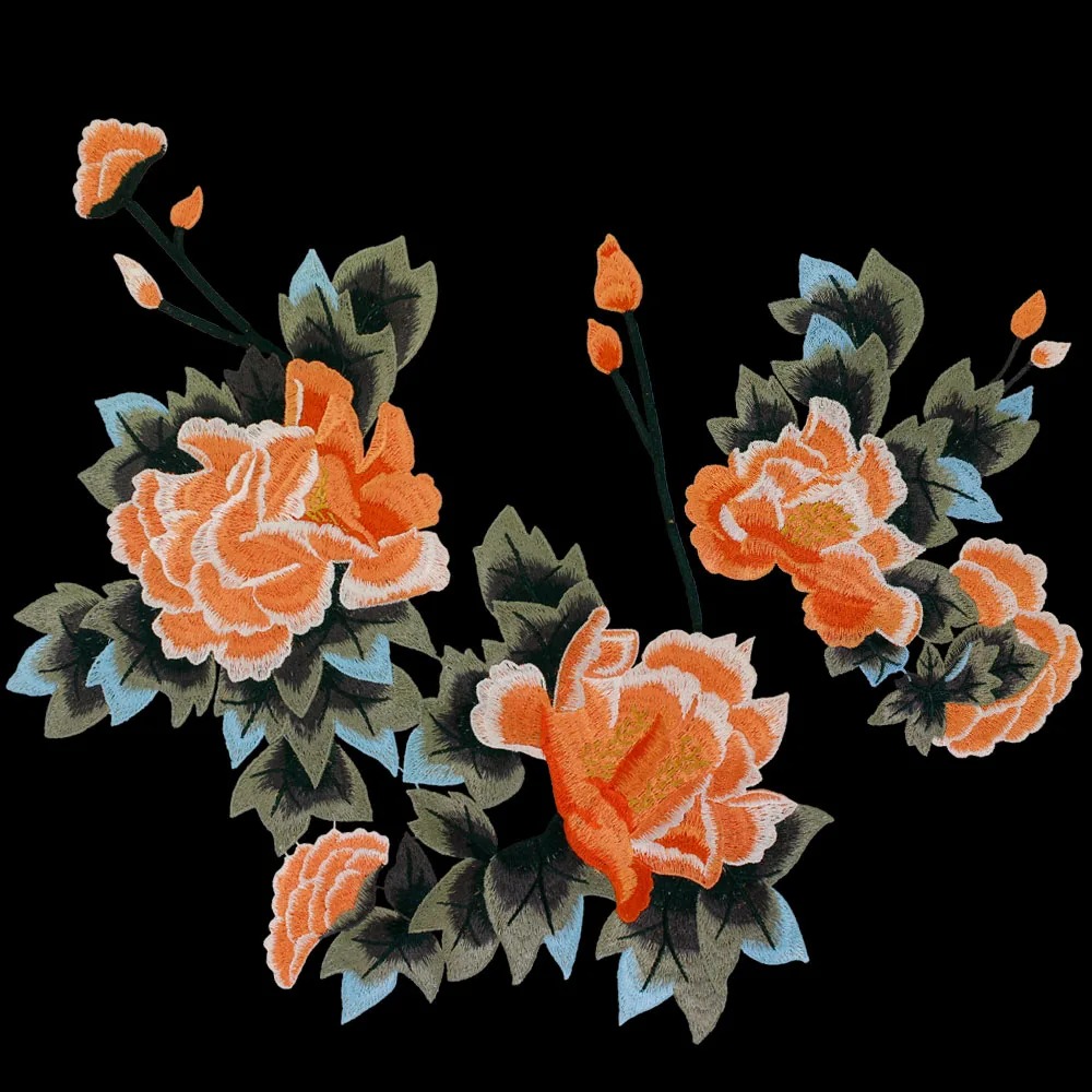 Peony Flower Embroidery Patch Orange Floral Applique Sewing DIY - Image 4