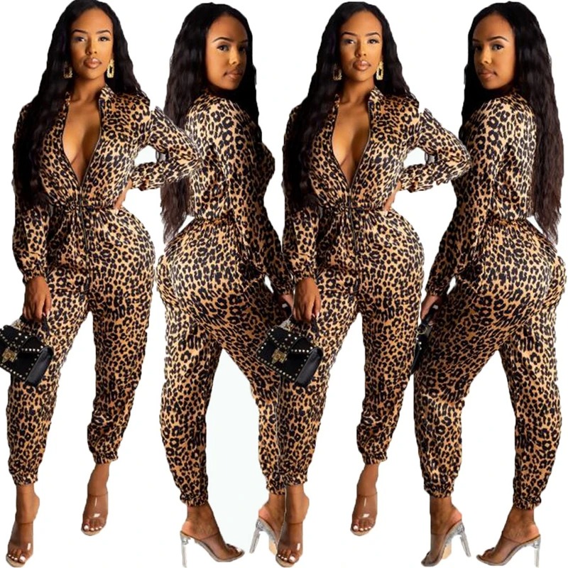 Leopard Print Jumpsuit Women Bodycon Long Sleeve High Waist Romper - Image 2