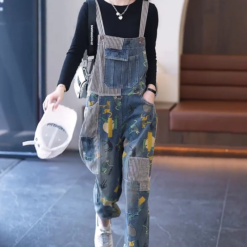 Women’s Cartoon Print Vintage Jumpsuit – Striped Patchwork Multi-Pocket Overalls - Image 6