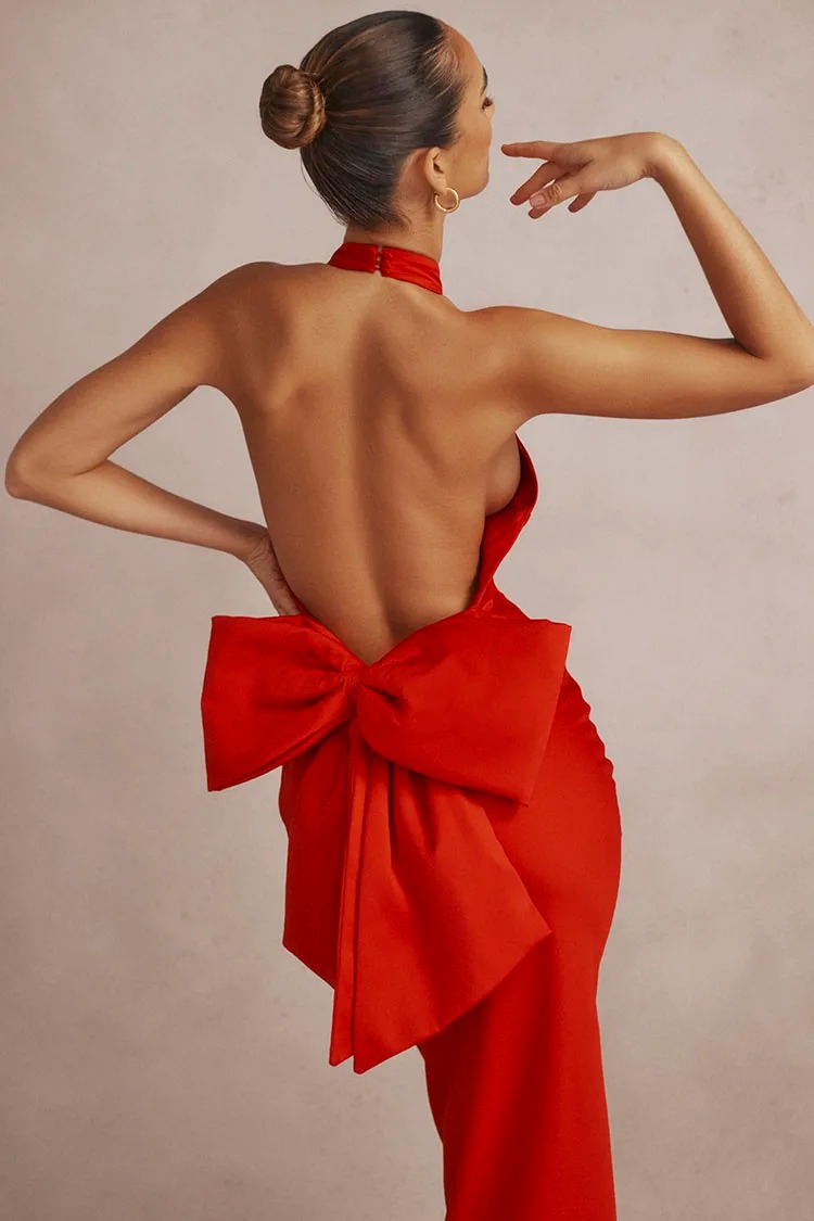 Red Butterfly Backless Dress Women Halter Neck Sleeveless Slim Dress - Image 7