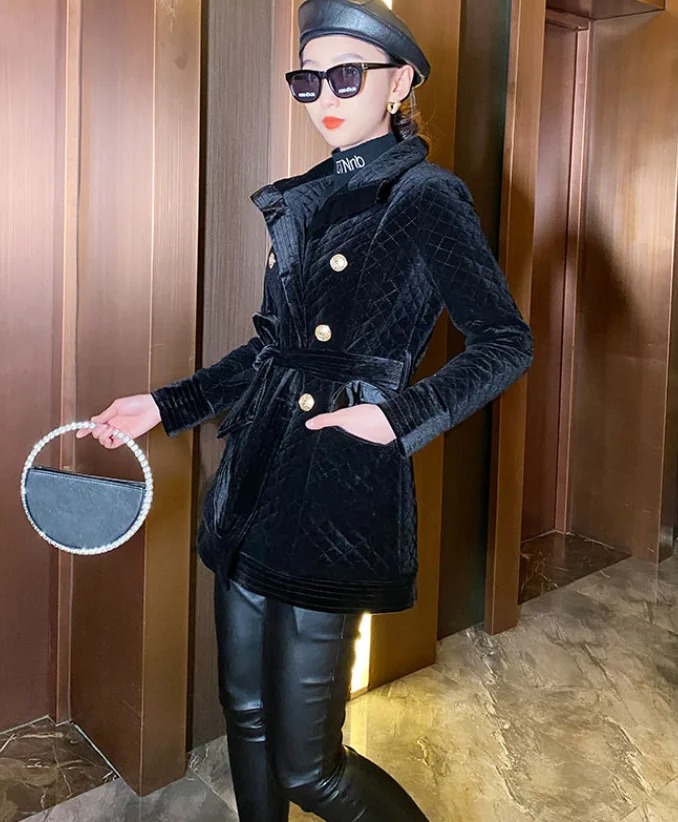 Women’s Velvet Cotton Quilted Coat – Mid-Length Plaid Black Diamond Winter Jacket - Image 6
