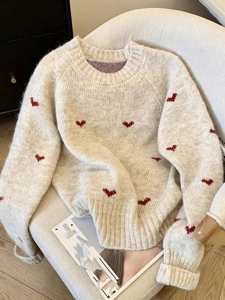 Women’s Heart Pattern Knit Sweater – Long Sleeve Round Neck Autumn Winter Pullover Top - Image 6