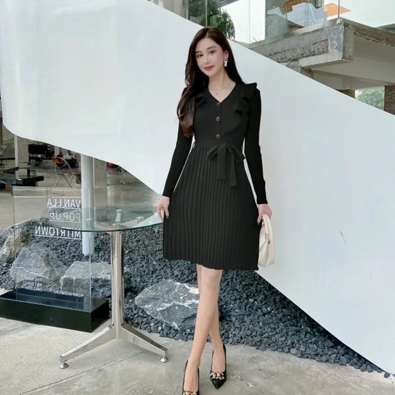 Anteef Women’s Long Sleeve Knitted Pleated Midi Dress – Vintage Elegant Sweater Dress - Image 5