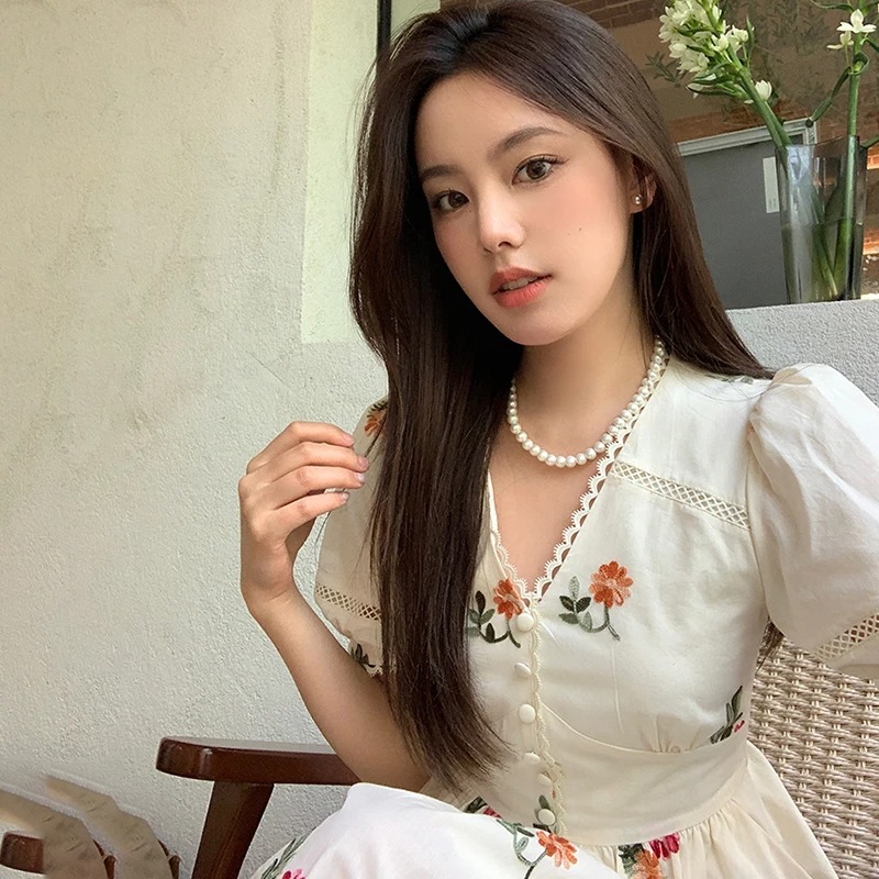Women Summer Floral Embroidery Dress Lace Patchwork V-Neck Puff Sleeve Elegant Midi Party Dress - Image 5