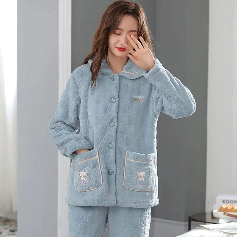 Women Coral Fleece Pajama Set Warm Flannel Cardigan Two Piece - Image 4