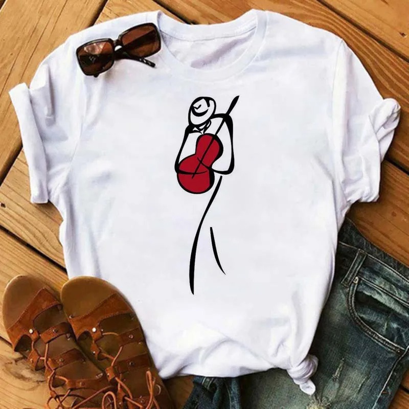 Harajuku Line Art Women T-Shirt Cartoon Graphic White Casual Funny Tee - Image 4