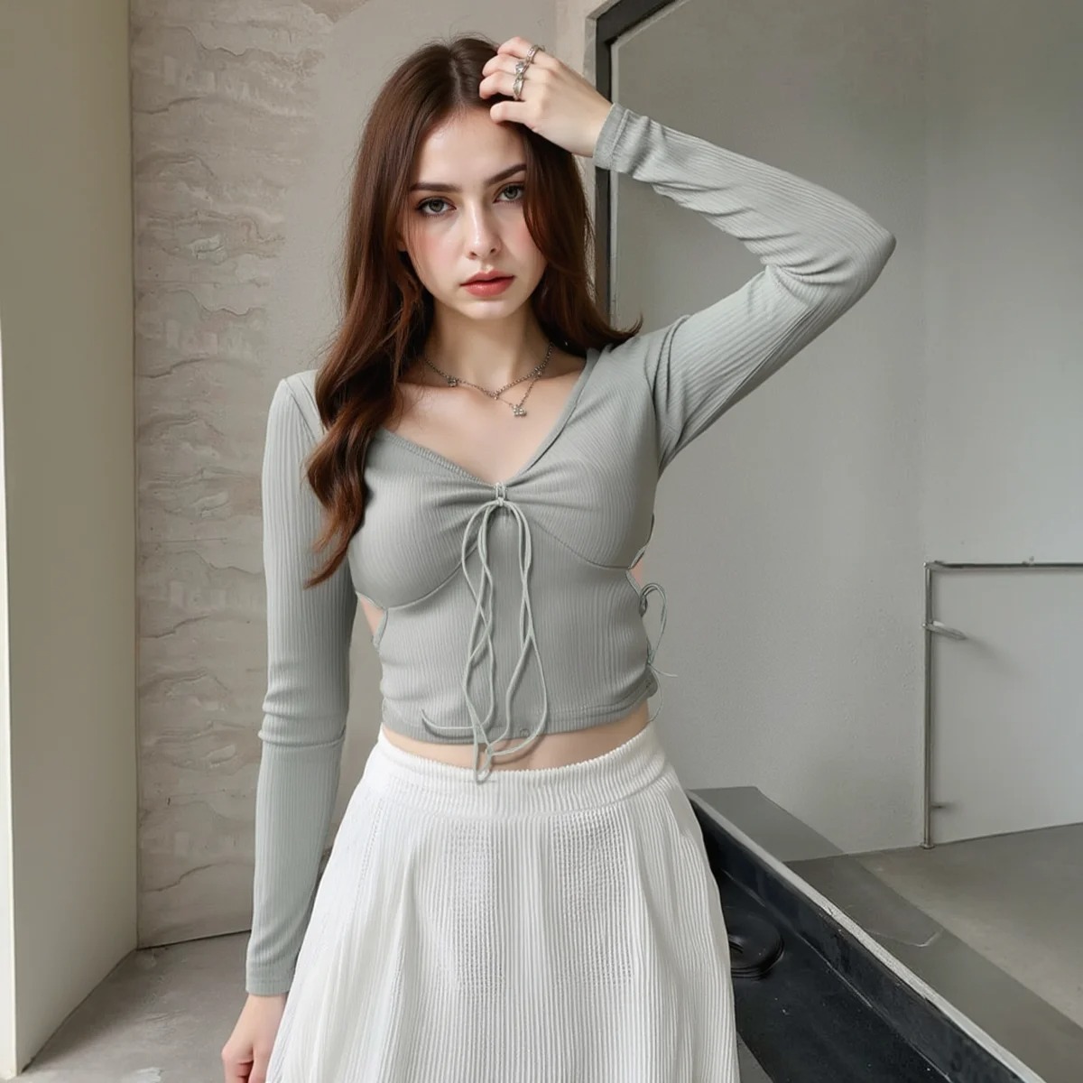 Fashion Youth Women's Summer Blouse – K-Style Knotted V-Neck Long Sleeve Cropped Top - Image 5