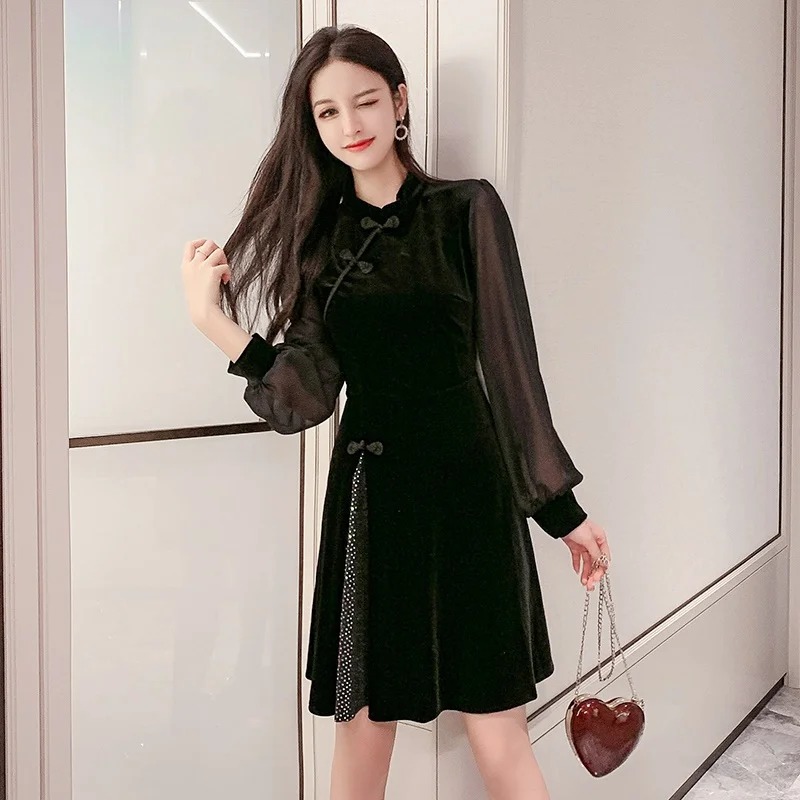 Black Qipao Elegant Chinese Dress Short Japanese Style Cheongsam Oriental Ao Dai Dress FF2790 - Image 5