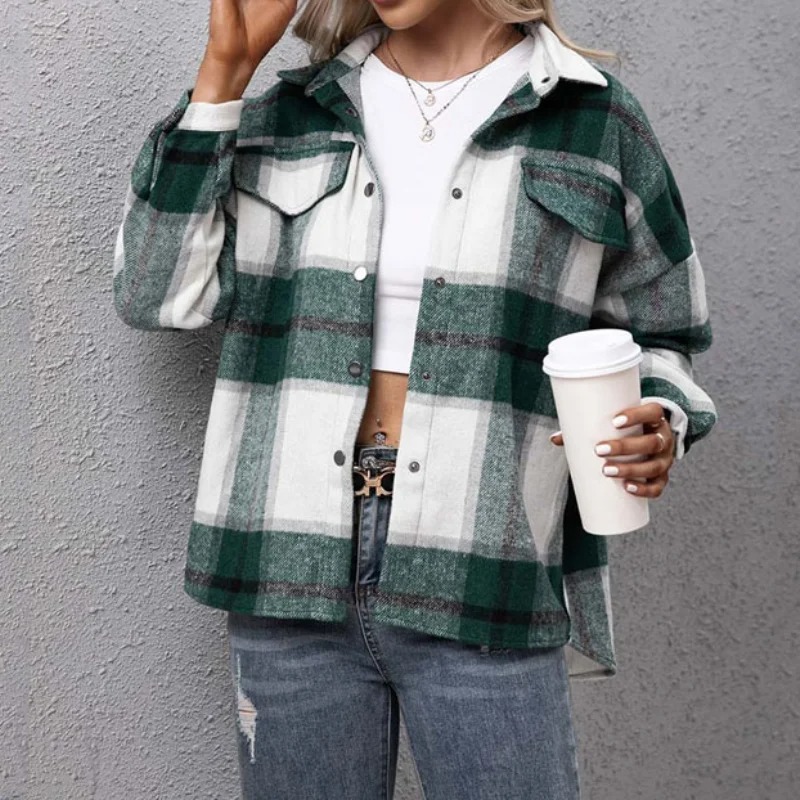 Women’s Oversized Plaid Jacket – Checkered Long Sleeve Shirt Coat Streetwear Outerwear