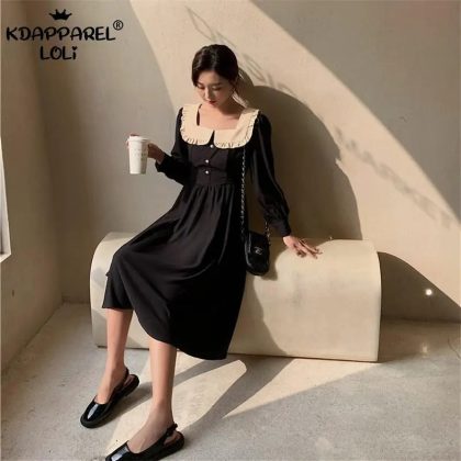 Harajuku Gothic Black Dress | Sweet Lolita Square Doll Collar Retro Hepburn Midi Palace Style Dress