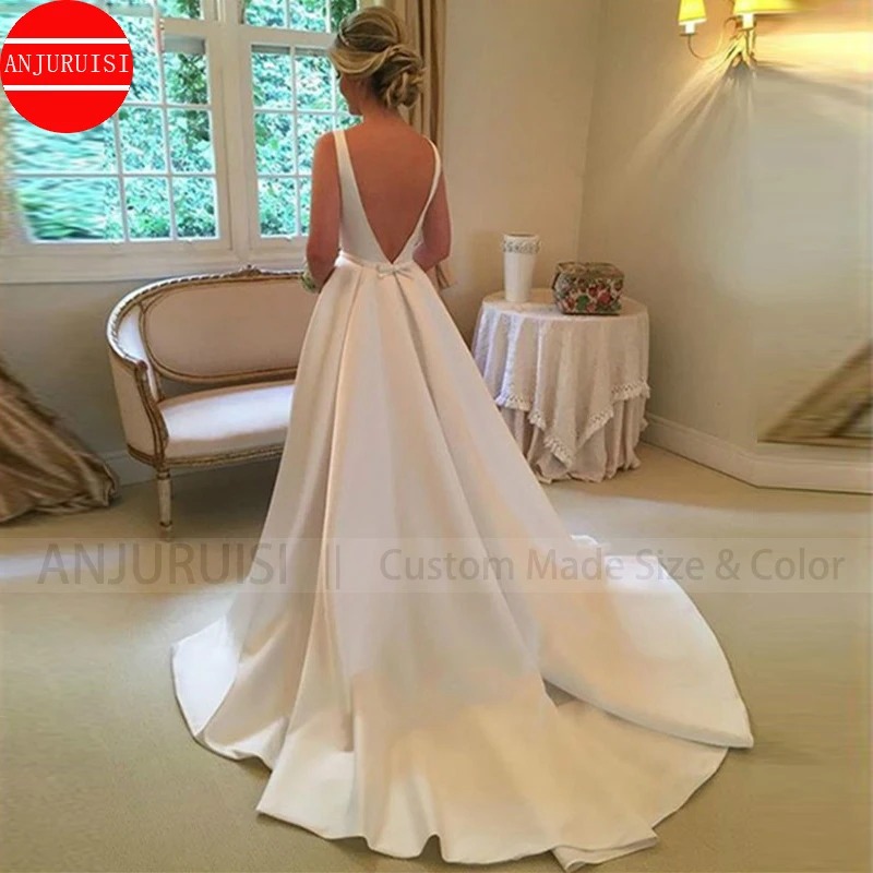 White Satin A-Line Wedding Dress | Scoop Neck Backless Sweep Train Simple Bridal Gown - Image 3
