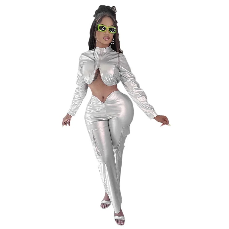 Y2K Women Two Piece Shiny Silver PU Leather Zipper Cropped Jacket Straight Pants Set - Image 3