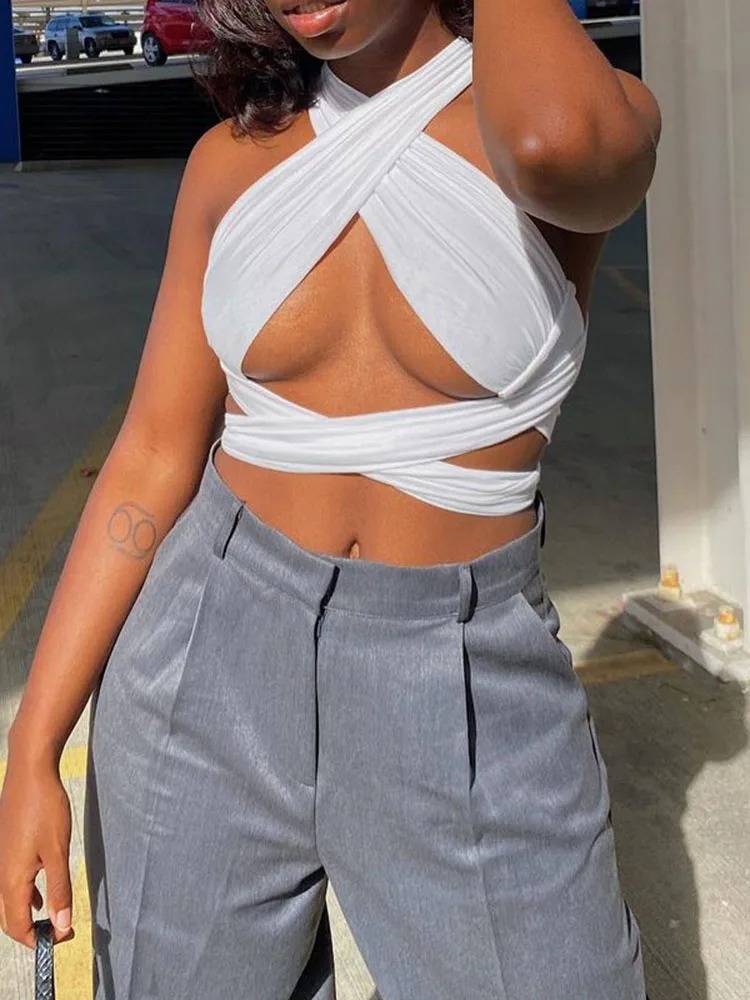 Women’s Strappy Cross-Over Halter Neck Crop Top – Sleeveless Summer Top - Image 5