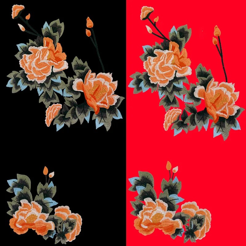 Peony Flower Embroidery Patch Orange Floral Applique Sewing DIY - Image 5