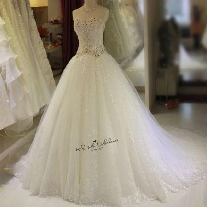 Plus Size Luxury Crystal Lace Princess Wedding Dress Corset Back